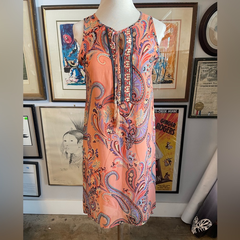 Colorful paisley print peach dress by Sandra Darren
